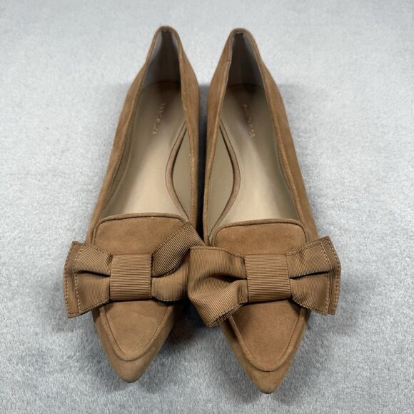 ANN TAYLOR Tan Suede Leather Point Toe Bow Flats Size 9 Office Chic Classic - Picture 1 of 9
